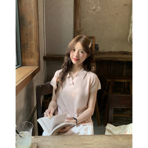 imimtuan | Áo Sweater Cổ Polo Tay Ngắn Nữ Phong Cách Hàn Quốc Màu Đơn