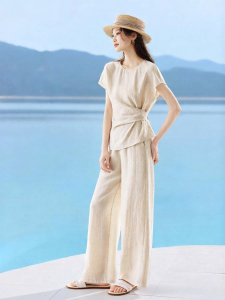 MOHANYIMEI | Linen Blend Summer Womens Suit Short Sleeve Wide Leg Pants