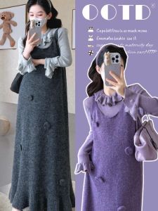 Winter Warm Korean Style Knitted Flower Maternity Dress Skirt Lace Set