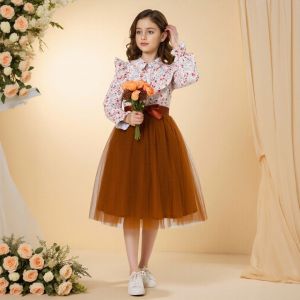 Kids Girls Dress Summer Long Sleeve Floral Gauze Belt Children Dress Casual Sweet Elegant Teen Princess Dress 7 8 9 10 11 12 Yrs