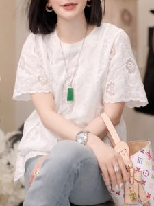 Hand Embroidered Lace T-Shirt Womens Summer 2025 New Korean Style round Neck Short Sleeve Loose Shoulder Trendy Top