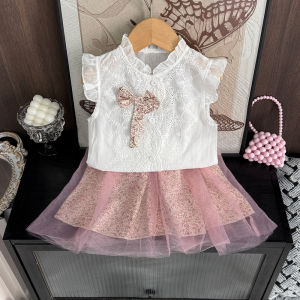 Bear Leader Summer New Girls Suit Doll Neck Embroidered Bow Top+Mesh Short Skirt 2-piece Set for 3 To 7 Years Children Casual Wear