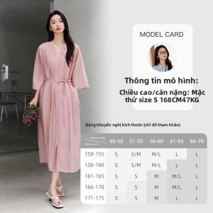 Vimly | Đầm Tay Dài V-Neck Chất Liệu Lyocell Màu Đào Có Nếp