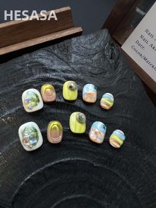 Hand-Painted Short Nail Art Designer Wearable False Nails Alice Mood High-End Feeling Gray Tone Chinese Made Normal Size