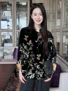 Xu Beiting New Chinese Style Retro Velvet Single Button Loose Silk Womens Jacket Spring Autumn Seasonal Long Sleeve Stand Collar