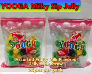 Yooga Milky Sip with Assorted Fruity Milk Flavored sweet jelly with straw by tiwi for kids (24pieces per pack)