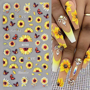 1Pcs 5D Embossed Sunflower Nail Stickers White Yellow Daisy Floral Nails Decals for Women Summer Vacation Daily Manicure Sliders