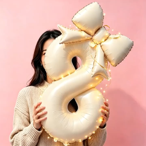 32 Inch Giant Cream Number 0-9 Foil Balloon with Beige Bow Balloons Party Decorations for Coquette Aesthetic Elegant DIY Decor Birthday Debut Graduation Anniversary Christening Fiesta Party Needs Mura Affordable Globos