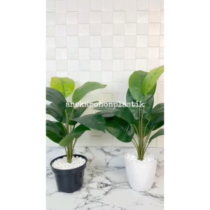 Pohon Hias Tanaman Artificial Daun Keladi Hijau X12 Pot Dasar Hitam & Pot Melamine Putih Hiasan Ruang Tamu Aesthetic