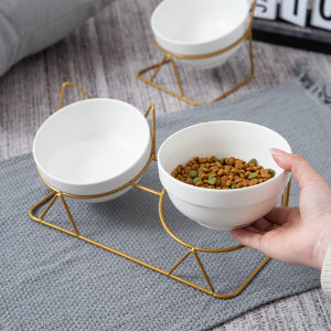 Wholesale Ceramic Cat Bowl High Foot Neck Protection Double Bowl Fixed Rack Anti-knock Pet Cat Drinking Bowl Tilt Mouth Protection