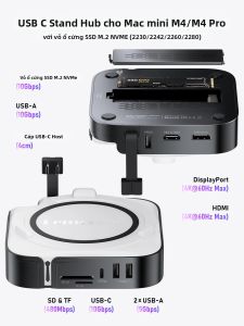Lemorele | Cổng Kết Nối Lemorele 9 Cổng Dành Cho Mac Mini M4/M4Pro Hub USB 3.0 Với HDMI DP 4K 60Hz Khe Cắm SSD M.2 NVMe Hỗ Trợ TF/SD 3.0 Tốc Độ 10Gbps