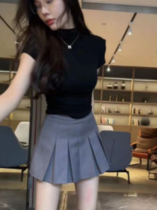 Grey Pleated Mid-Length Skirt for Women Spring/Autumn High Waist A-Line Hip Covering Short Ensemble Sweet/Spicy Style