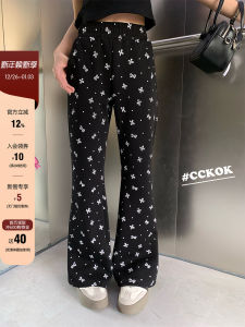 CCKOK High Waist Slimming Butterfly Knot Print Flared Pants Womens Casual Trousers Korean Style Spring Fashion