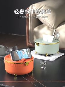 Multipurpose Tissue Box With Phone Holder Desk Organizer Round Tissue Box Cover Kotak Simpanan Tisu Cosmetic Organiser Box