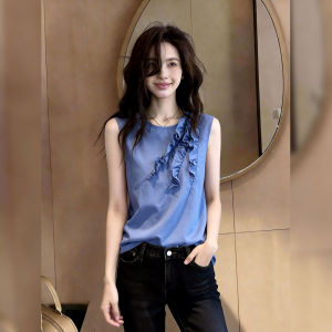 French Style Ruffle Sleeveless Top Slimming Plus Size Women Blue Workwear Summer Fashion