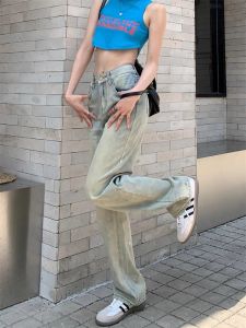 American Style Light Blue Jeans High Waist Thin Loose Womens Straight Leg Pants Spring Autumn High Waist Wide Leg Jeans