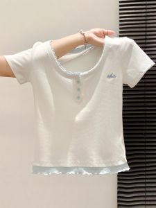 Color Block U-Neck Short Sleeve Embroidered T-Shirt Womens Summer Fashion Fit Versatile Short Top Commute Style Linen Fabric