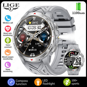 LIGE | LIGE Smartwatch For Men Bluetooth Call 1100mAh Large Battery Heart Rate Health Monitor LED Flashlight Compass Sports Smart Watch