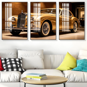 3Pcs Modern Luxury Wall Decoration Set Golden Supercar Race Track Art Print Free Double Sided Tape for Living Room Bedroom Condo Man Cave Wall Decora