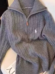 Korean Style Knitted Sweater Casual All-Match Half Zipper Stand Collar Embroidery Long Sleeve Womens Fashion Top