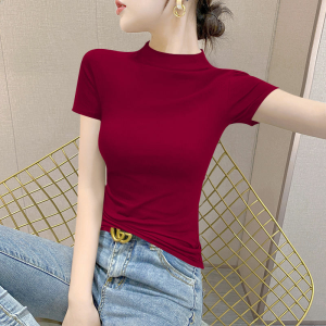 Womens Slim Fit Cotton T-Shirt Half High Collar Short Sleeve Base Shirt Tight Top Sun Protection Neck Cover Korean Style Summer