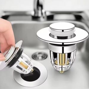 Universal Rebound Chrome Sink Drain Plug with Hair Catcher Pop-Up Filter Basin Easy to Push Bathroom Sink Filter