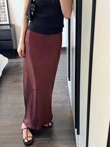 กระโปรงทรงเอเอวสูง ทรงหางปลา ผ้าอะซิเตทหนา สีแดง เอวสูง กระชับสัดส่วน กระโปรงยาวคลุมเข่า สำหรับผู้หญิง