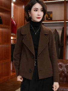 Womens Suit Woolen Jacket Short Sleeveless Spring Autumn Straight Cut Simple Style Long Sleeve Single Button Pure Color Coat