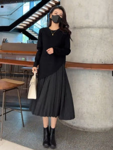 ชุดเดรสยาวปานกลางผ้าชีฟองผสมโพลีเอสเตอร์เอวสูงทรงเอแขนยาวฤดูใบไม้ร่วงปี 2025 สำหรับผู้หญิงไซส์ใหญ่