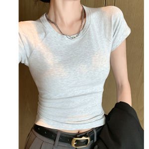 SLIM FIT เสื้อยืดแขนสั้นผู้หญิง Lan Mengya ฤดูร้อนใหม่ 2024 สไตล์สีเทาการออกแบบSlimming Effect