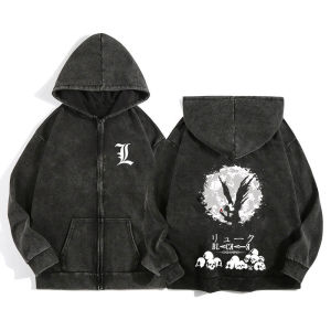 Harajuku Retro Washed Zip Up Hoodie Anime Death Note Print Jacket Gothic Graphic Cotton Men Women Zipper Hooded Sweatshirt
