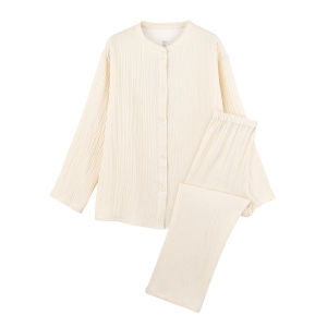 Japanese Style Thin Cotton Double Layer Nightgown Womens Summer No Side Seam Pure Cotton Spring Summer Home Clothes Set