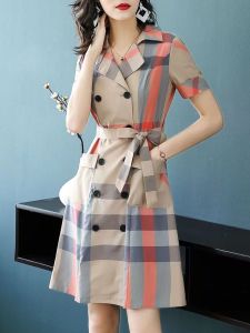 Váy Sơ Mi Kẻ Caro Thời Trang Mùa Hè 2025 Cho Nữ Váy Ngắn Tay Dáng Chữ A Eo Cao Chất Liệu Polyester Dáng Chữ A Phong Cách Công Sở