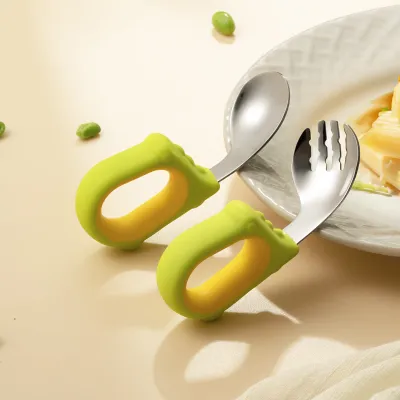 pixybaby | Baby Self-feeding Training Spoon Stainless Steel Silicone Fork and Spoon