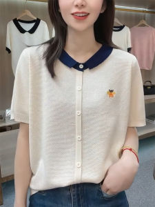 QINGNAER | Elegant Embroidered Small POLO Collar Color-blocked T-Shirt Womens