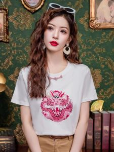 New Chinese Style round Neck Short Sleeve T-Shirt Women Summer Loose Fit Embroidered Versatile Slimming Shoulder Level Top