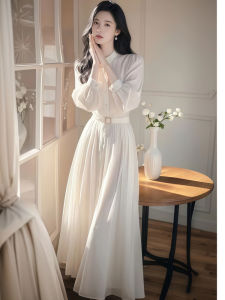 Blue Shirt Dress Slim Waist A-Line Skirt Casual Style Polyester Fiber Long Sleeve Polo Collar Single Piece Autumn New Arrival