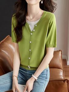 Green Illusion Two-Piece Design Half-Opening Slim Fit T-Shirt