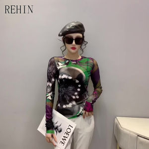 REHIN Womens top Stretch slim and skinny floral long-sleeve T-shirt little transparency blouse