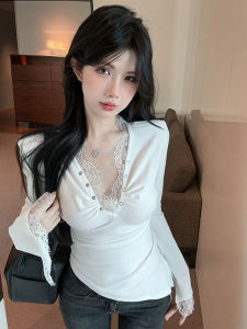 GUZILIAN | Pure Desire Sweet Spicy Girl V-neck Lace Splice Slim Fit Base Shirt Womens Design Sensation Small Audience Long Sleeve Beautiful Top