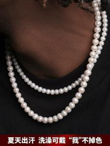 Same Style as Wang Yibo Pearl Necklace Hip Hop Niche Style Necklace Men and Women Accessible Luxury Easiest for Match Couple Clavicle Chain Trendy Jewelry