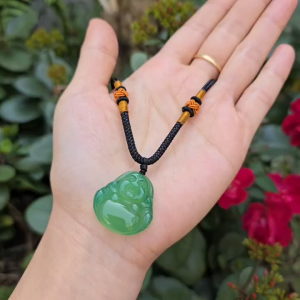 Q2312 Dây vòng cổ mặt di lặc Ngọc Agate Xanh Lá dây dù Thái điều chỉnh tăng giảm size Mộc và Hoả - Phong Thuỷ TUDO P