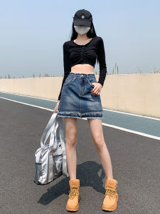 Váy Ngắn Chữ a Cạp Cao Cho Nữ Mùa Hè 2023 Váy Ngắn Rái Cá Phong Cách Hàn Quốc Mới Váy Ngắn Cotton Polyester