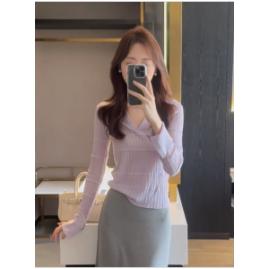 HUOLISI | Purple Polo Neck Bell Sleeve Slim Fit Knit Top