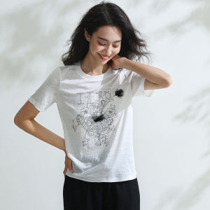 Miccbeirn | Pure Linen Knitted Short Sleeve T-Shirt Floral Print Slim Fit Basic Style Commute Inner Wear Simple Versatile Summer Top
