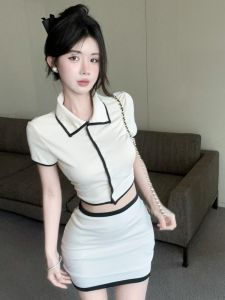 GUZILIAN | Summer Pure Desire Polo Neck Dress Set Womens Two-Piece Set Bodycon Skirt Complete Outfit Korean Style Commute Fashion