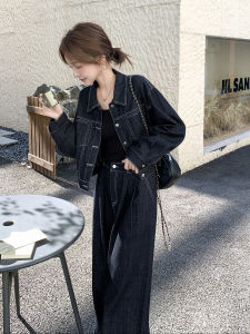 Black Casual Vintage Denim Set Womens Loose Feel Short Jacket Wide Leg Pants Two Piece Suite Autumn New Style Fashion Set