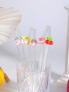 1/6PCS Heat-Resistant Glass Straw Strawberry Lemon Peach Design Ideal for Milk Tea & Juice Drinks Suitable for Office