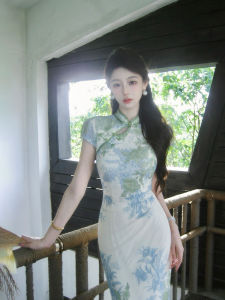 LINGQIAN | Elegant Print Short Sleeve Fitted Daily Cheongsam Dress