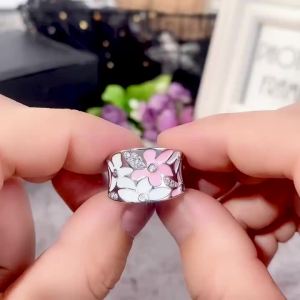Huitan Aesthetic Enamel Flower Finger Ring for Women Wedding Party New 2023 Ring Silver Color Luxury Cubic Zirconia Jewelry Gift